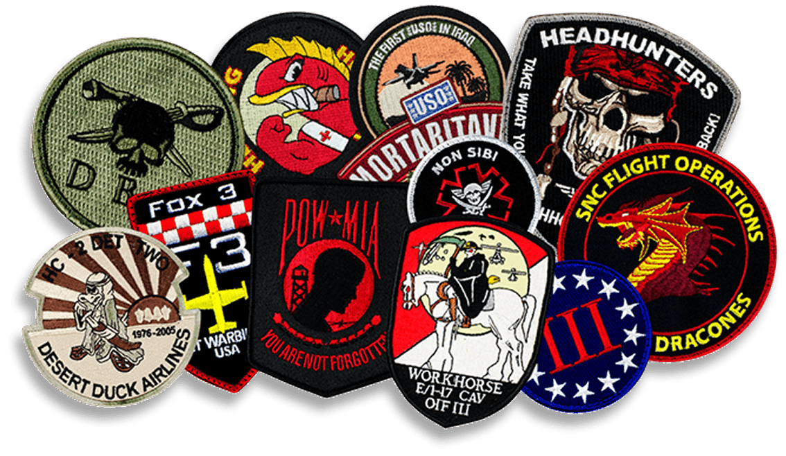 A pile of custom patches by Panda Patches — embroidered, woven, PVC, chenille and leather.